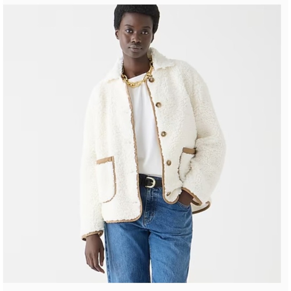 J. Crew Womens Large Faux Sherpa Barn Jacket Cream Gorpcore Shacket Boho Casual